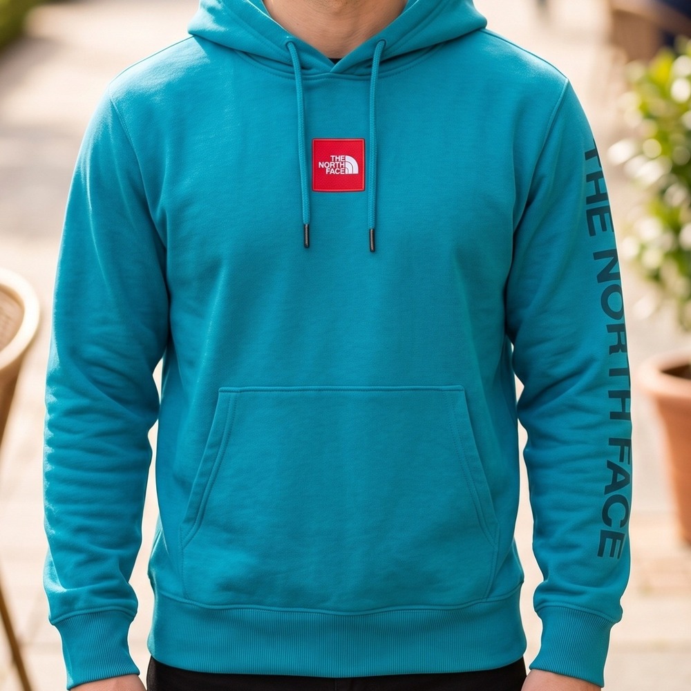 The North Face Mens Teal Blue Red Box Logo Sleeve Graphic Pullover Hoodie